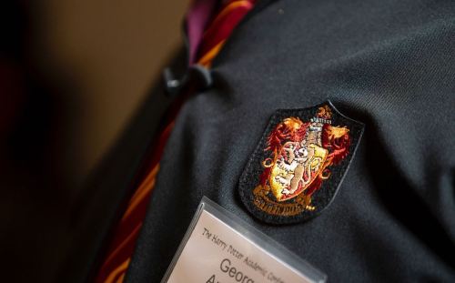 A close-up of a Gryffindor house crest on a dark robe, with a name tag below it.