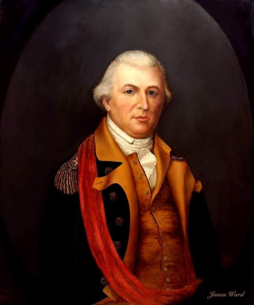 Portrait of a man in a military uniform with a red sash, set against a dark background.