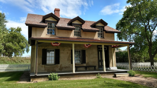 A historic two-story house with a porch, surrounded by greenery and a white picket fence under a blue sky.