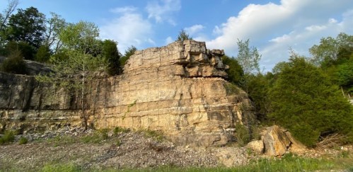 A rocky cliff with greenery at the base, under a blue sky with scattered clouds.