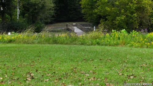 A grassy area in the foreground leads to a wooden bridge over a calm waterway, surrounded by trees and foliage.
