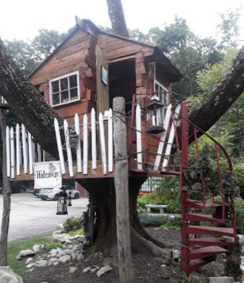 A charming treehouse with a wooden exterior, spiral staircase, and lanterns, nestled among trees in a serene setting.