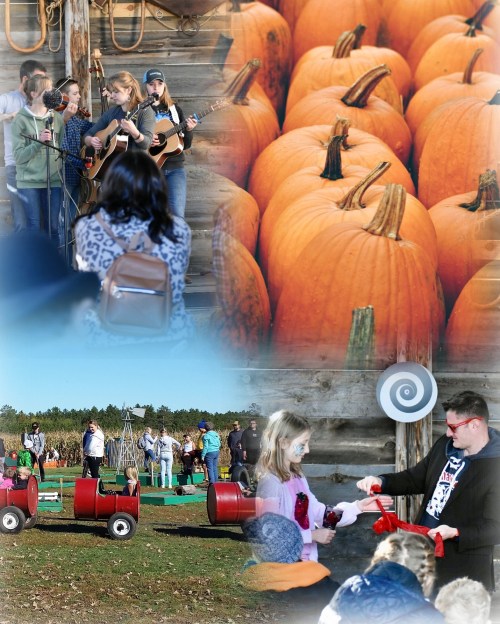 A collage featuring a live music performance, pumpkins, children playing, and a man handing out treats at a fall festival.