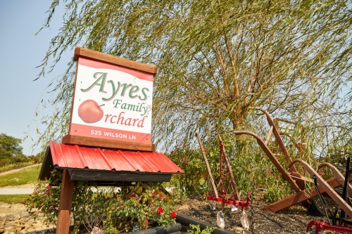 Sign for Ayres Family Orchard with a red roof, surrounded by greenery and gardening tools.