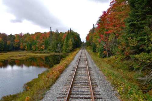 A scenic view of a railway track surrounded by colorful autumn trees and a calm body of water.