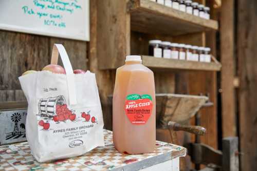 A bag of apples next to a jug of apple cider on a rustic table in a farm setting.