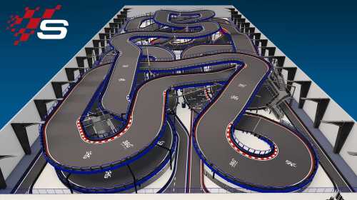 A top-down view of a go-kart track featuring winding paths and multiple levels in a modern indoor facility.