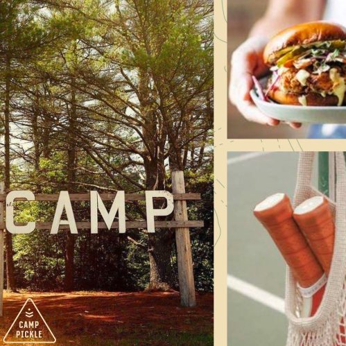 A collage featuring a wooden "CAMP" sign, a hand holding a burger, and pickleball paddles against a green background.