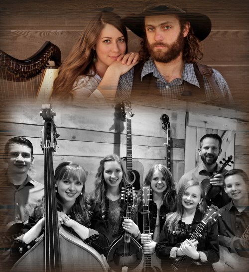 A collage of two groups: a couple with instruments and a band of six musicians, all smiling and posing with their guitars.