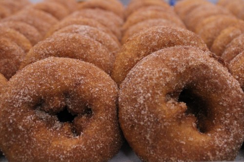 A close-up of freshly baked, cinnamon-sugar coated donuts arranged in a neat row.