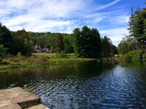 A serene lake surrounded by trees, with a distant house and blue sky reflecting on the water's surface.