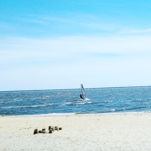 A windsurfer glides across the water near a sandy beach under a clear blue sky.