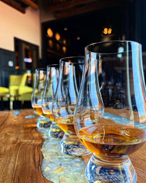 Four whiskey glasses filled with amber liquid, lined up on a wooden table, with a blurred background of a cozy bar.