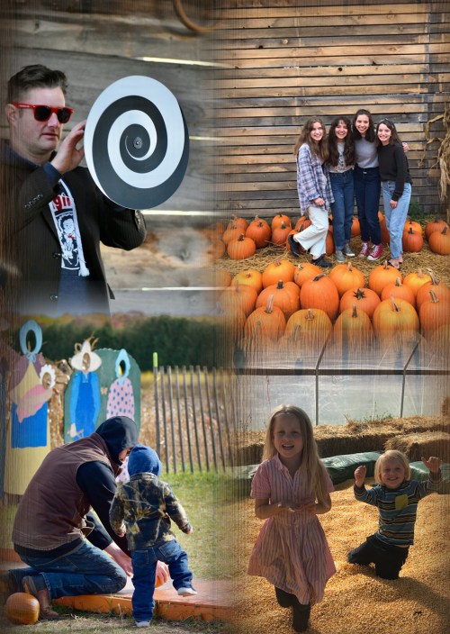 A collage of fall activities: a man with a target, friends by pumpkins, kids playing, and a girl in a corn pit.