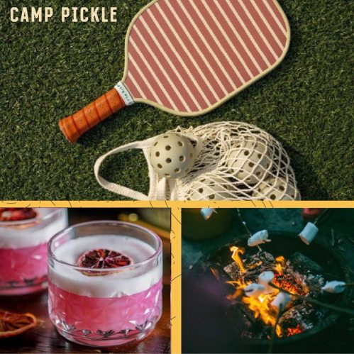 A pickleball paddle, balls in a net, pink drinks with dried fruit, and a campfire with marshmallows.
