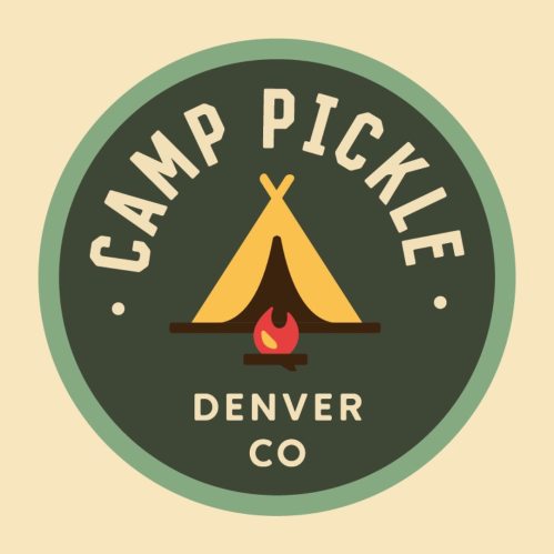 Logo for Camp Pickle in Denver, featuring a tent and campfire design on a circular badge.