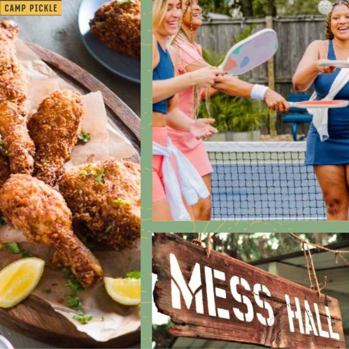 A collage featuring fried chicken, people enjoying a camp activity, and a wooden sign reading "Mess Hall."