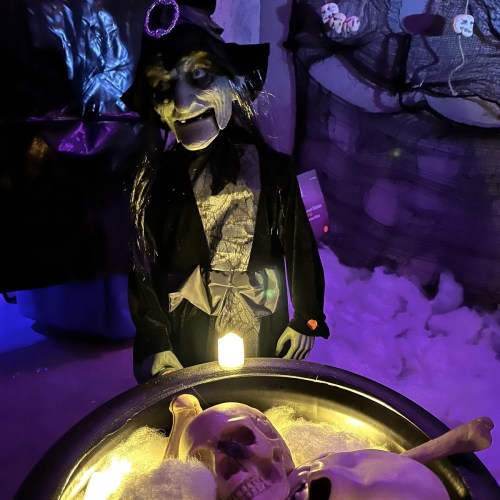 A spooky scene featuring a witch puppet beside a cauldron with a skull, illuminated by a glowing light.