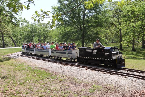 A miniature train with passengers travels along a scenic track surrounded by trees on a sunny day.
