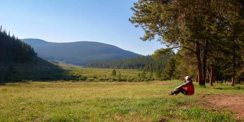 A person sits on grass in a serene meadow, surrounded by trees and mountains under a clear blue sky.