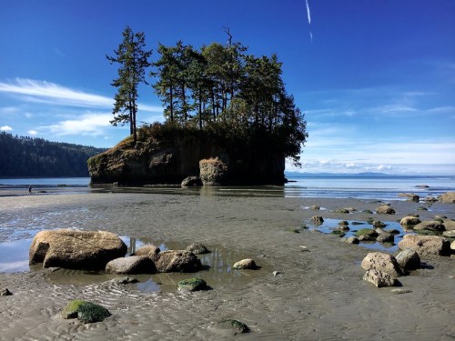 A serene coastal scene featuring a small island surrounded by calm waters and rocky shores under a clear blue sky.
