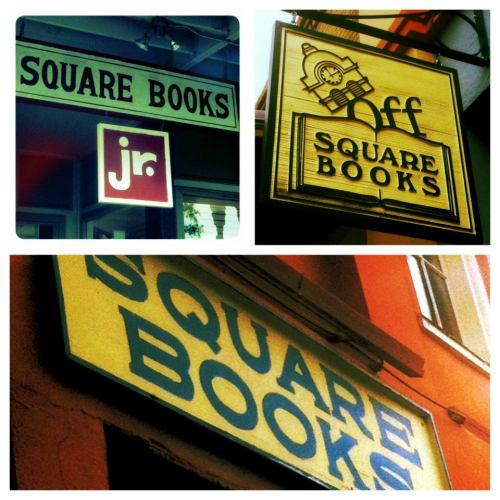 Collage of signs for Square Books and Square Books Jr., showcasing their distinct designs and branding.
