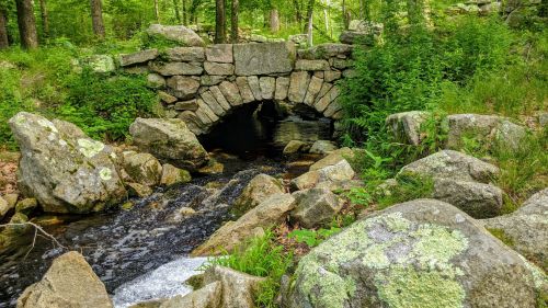 A stone arch bridge over a small stream, surrounded by lush greenery and large rocks.