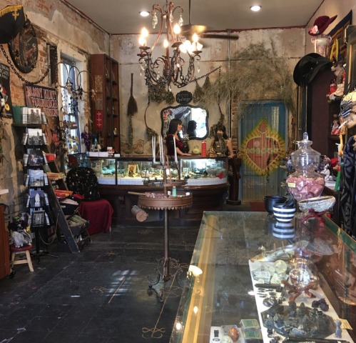 A cozy shop interior filled with eclectic decor, glass display cases, and various mystical items for sale.