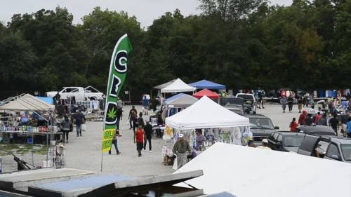 A bustling outdoor market with tents, vendors, and a large green flag featuring a cannabis leaf.