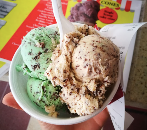 A hand holding a bowl of ice cream with mint chocolate chip and cookies and cream flavors, accompanied by a receipt.