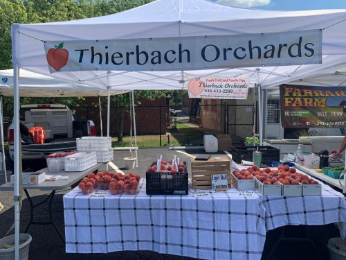 A market stall with a sign for Thierbach Orchards, featuring fresh peaches and other produce on a checkered tablecloth.