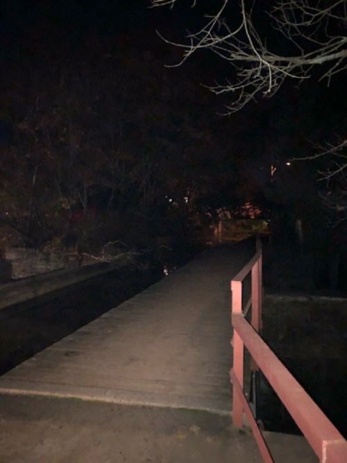 A dimly lit wooden bridge over a dark waterway, surrounded by trees at night.