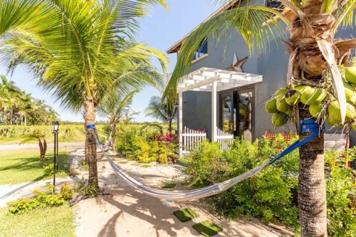 A hammock strung between palm trees near a house, surrounded by lush greenery and a clear blue sky.