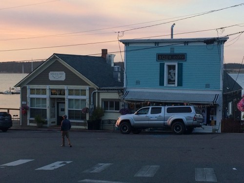 A scenic view of two shops by the waterfront at sunset, with a person walking in the foreground.