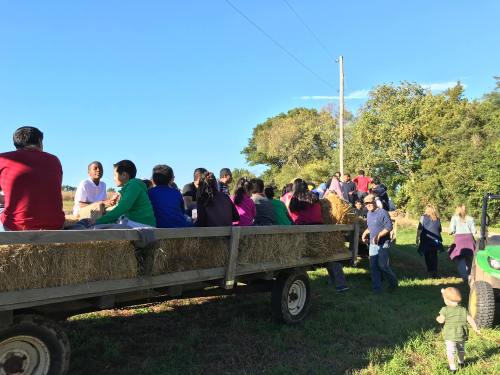 A group of people sitting on a hayride trailer, enjoying a sunny day outdoors with trees in the background.