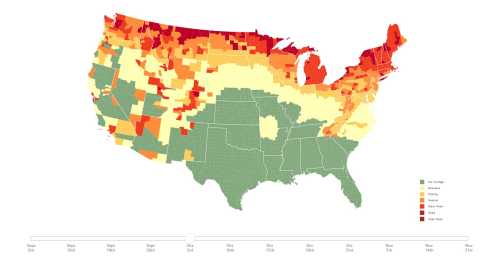 Map of the U.S. showing seasonal temperature zones, with color gradients indicating varying temperature ranges.