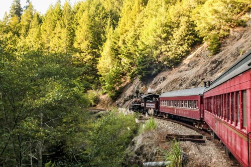 A vintage train travels along a winding track surrounded by lush green trees and rocky terrain.