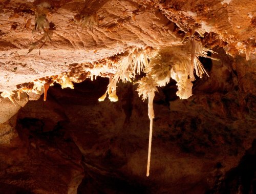 Stalactites and mineral formations hang from a cave ceiling, illuminated by soft light, creating a natural underground scene.