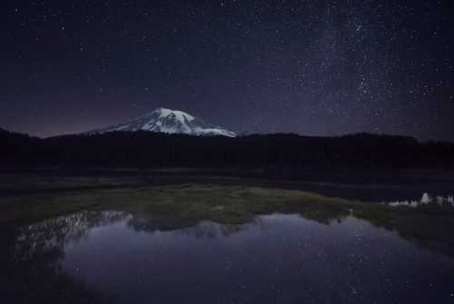 A serene night scene featuring a snow-capped mountain reflected in a calm pond under a starry sky.