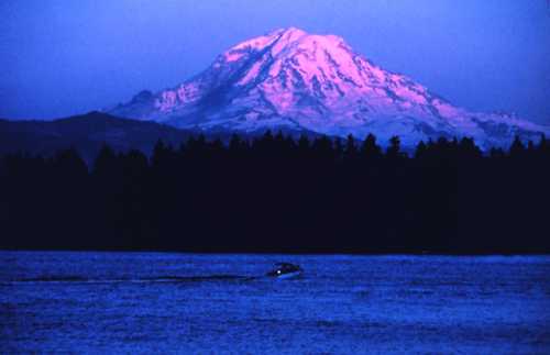 A serene lake at dusk with a silhouette of trees and a snow-capped mountain illuminated in purple hues.