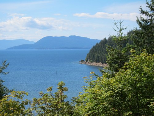 A serene coastal view featuring blue water, distant mountains, and lush green trees under a partly cloudy sky.