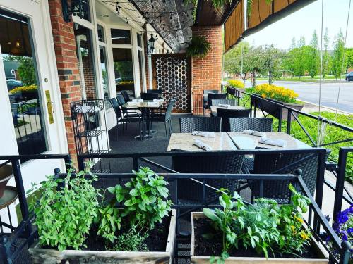 Outdoor dining area with tables, chairs, and planters filled with herbs, surrounded by greenery and a brick building.