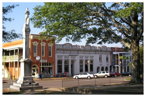 Historic buildings line a street, featuring a statue and lush trees in a charming town setting.