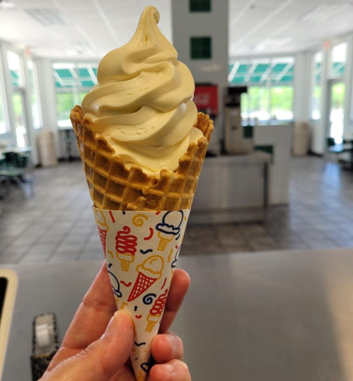 A hand holding a soft-serve ice cream cone with a swirl of creamy vanilla in a colorful patterned wrapper.