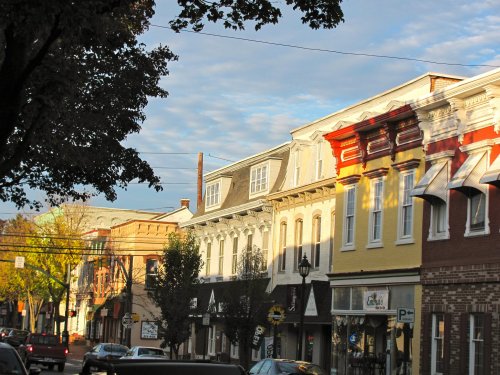 A charming street scene with historic buildings, trees, and a blue sky, showcasing a mix of architectural styles.