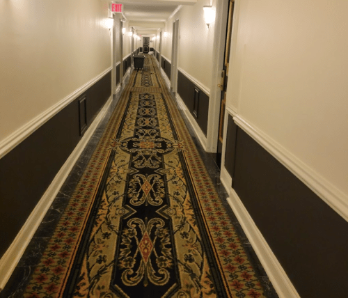 A long hotel hallway with patterned carpet, dim lighting, and doors on either side. A cart is visible at the end.
