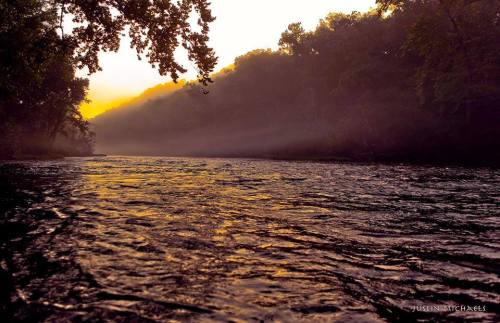 A serene river at sunset, surrounded by misty trees and soft golden light reflecting on the water's surface.