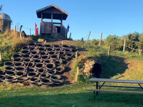 A grassy hill with a tire slide leading to a wooden lookout tower, surrounded by a fence and picnic table.