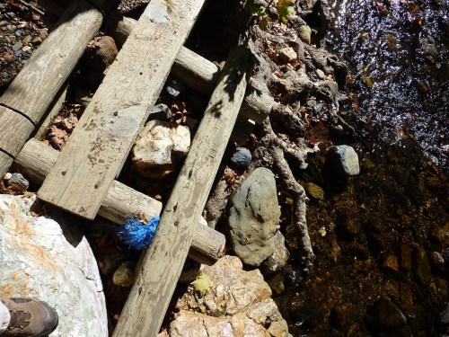 A wooden bridge over a stream, surrounded by rocks and roots, with a foot partially visible in the corner.