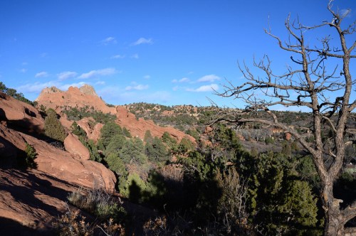 A scenic view of red rock formations and sparse trees under a clear blue sky.
